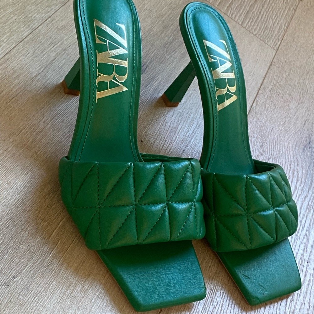 Zara Green Quilted Heels with Square Toe